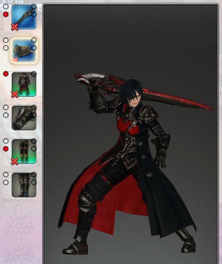 Screenshot of FFXIV. Crop of the glamour plate window with a temporary plate, showing a character fantasia'd to look like Elster wearing:
- Weapon: Hyperion (slot 2 dyed Ruby Red)
- Head: Allegiance Blinder 
- Chest: Voidmoon Coat of Fending (dyed Ruby Red)
- Hands: Scion Traveler's Gloves
- Legs: Archeo Kingdom Poleyns of Casting (slot 2 dyed Ruby Red)
- Feet: Crystarium Greaves