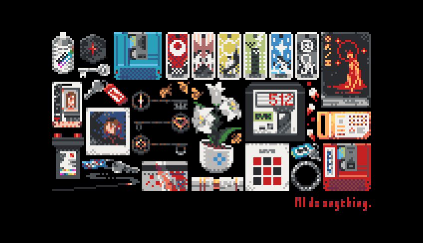 Pixel art of a collection of items in SIGNALIS. Most of them are objects related to Alina, Ariane, and the number 512. Some of them are not items that can be obtained in the inventory, such as butterflies, the lilies, and teeth.
There is red text in the bottom right corner quoting Elster: "I'll do anything."