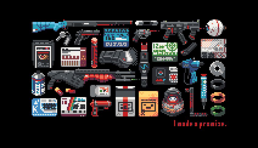 Pixel art of a collection of items in SIGNALIS. Most of them are weapons and miscellaneous puzzle-solving objects from Sierpinski-23 and Nowhere.
There is red text in the bottom right corner quoting Elster: "I made a promise."
