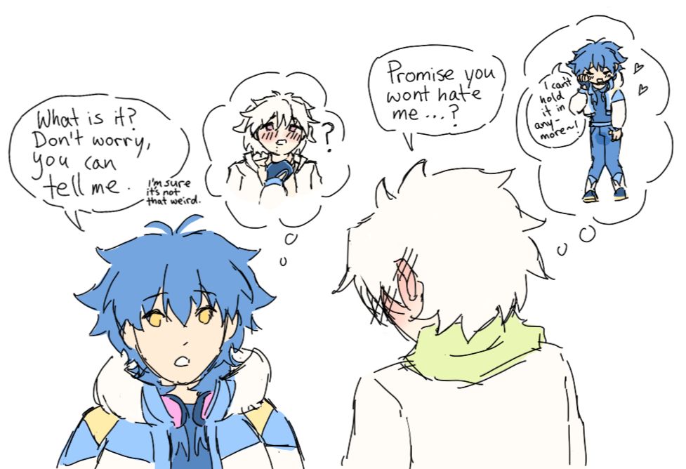 panel of aoba and clear. aoba says: "what is it? don't worry, you can tell me." he thinks: "i'm sure its not that weird."
he is imagining choking clear, guessing that this is what clear will suggest.

clear, blushing profusely: "promise you wont hate me...?"
he is imagining aoba wetting his pants.

cw omorashi for anyone filtering it out