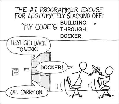Alternative of the classic "My code is compiling" from XKCD, but where Compiling is switched out with Docker.