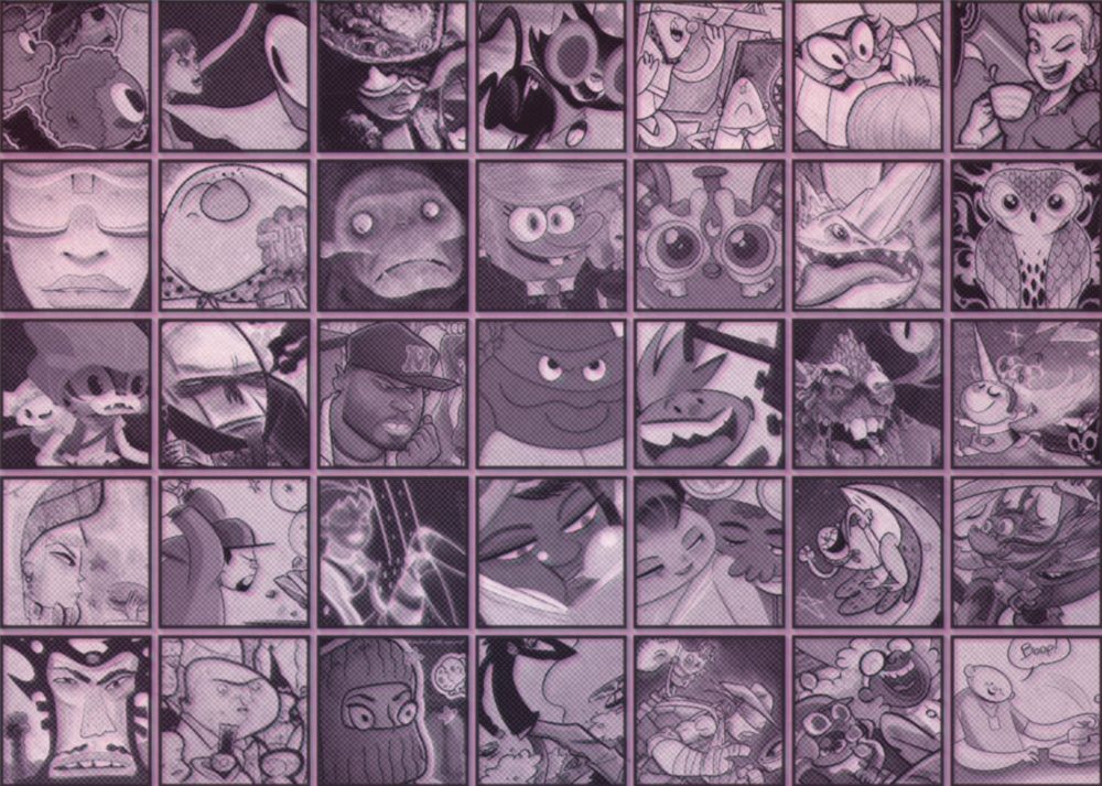 A grid featuring past artwork by Jose Garibaldi, including Captain Underpants, TMNT, Furby, MAD Magazine, and more