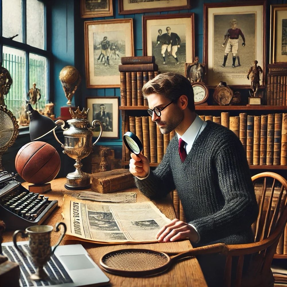 AI/ChatGPT generated picture of a sports historian (categories: male, white, able-bodied) who sits in a study filled with historical sports memorabilia. He is wearing glasses, a white shirt, tie and a dark grey knitted jumper. He gazes intently through a magnifying glass at (or slightly over) an old newspaper lying on a wooden desk. Around him are numerous books, trophies, a basketball, an old tennis racket, a typewriter and framed black and white photographs of athletes on the wall. There is a laptop with a cup sitting on it, so that it seems like he rather uses the typewriter. The light falls through a large window, which illuminates the room.