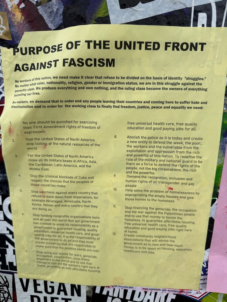 PURPOSE OF THE UNITED FRONT AGAINST FASCISM
As workers of this nation, we need make it clear that refuse to be divided on the basis of identity "struggles." No matter what color, nationality, religion, gender or immigration status, we are in this struggle against the parasitic class. We produce everything and own nothing, and the ruling class became the owners of everything including our lives.
As workers, we demand that in order end any people leaving their countries and coming here to suffer hate and discrimination and in order for the working class to finally find freedom, justice, peace and equality we need:


free universal health care, free quality education and good paying jobs for all.
Abolish the police as it is today and create a new entity to defend the weak, the poor; the workers and the vulnerable from the exploitation and oppression from the rich and powerful of this nation. To redefine the role of the military and national guard to be there as a force to defend the rights of the people, not the big corporations, the rich and the powerful.
Demand the recognition, inclusion and human rights of all transgender and gay people
Help solve the problem of homelessness by expropriating the empty houses and give those homes to the homeless.
Stop financing the genocide, the occupation and the war against the Palestinian people and to use that money to house the homeless, to guarantee affordable housing, free universal health care, free quality education and good paying jobs right here at home.
Create community neighborhood associations that will advise the government as to how and how much money is to be spent on housing, education, healthcare and jobs.
