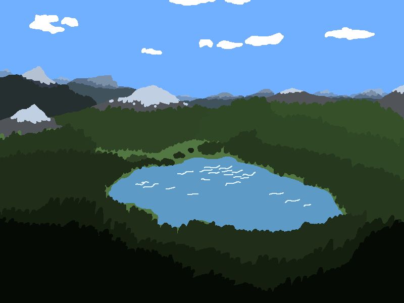 Art of a mountainous, forested landscape. A lake is present in the middle, and the sky is clear with only a few clouds.