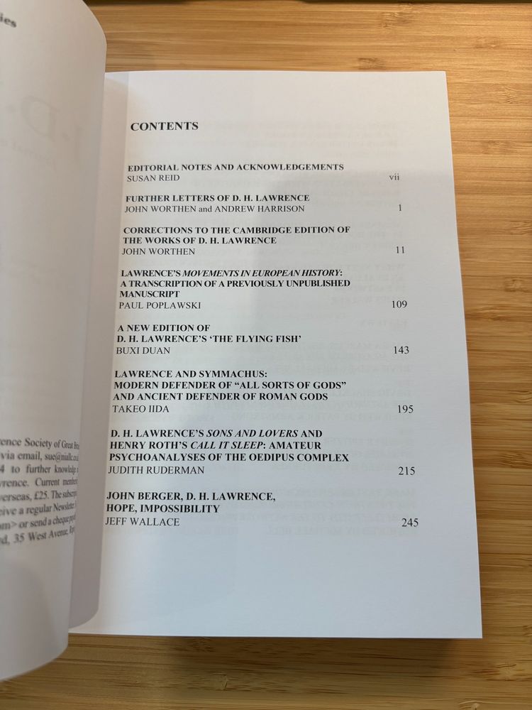 First page of the Contents section of this issue of the Journal of D. H. Lawrence Studies.