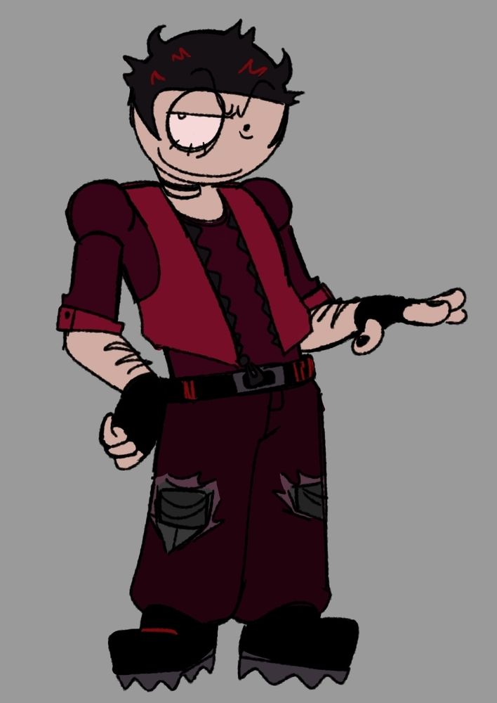 A human version Expunged from Dave and Bambi, modelled off of Dave's appearance. Their hair is very short and very messy, two strands stick up in the shape of devil horns. One eye is much larger than the other, the right consisting of only a pupil. They are wearing a red zip-up vest over a long-sleeved shirt which is in a darker red. The sleeves are rolled up to their elbows. Fingerless gloves are on their hands; their nails are painted black. They wear a belt that holds up baggy pants that are torn at the knees - these reveal a part of their prosthetics. They have large, boxy, black boots with spikey soles. 