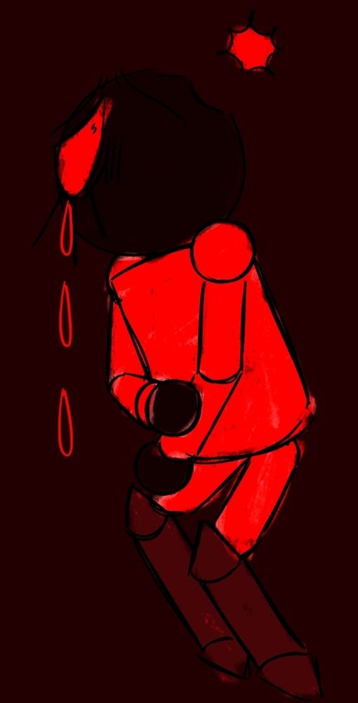 A colored sketch of Expunged from Dave and Bambi in their prototype form. The colors used are all shades of red. They are looking up in the direction of the viewer with a sad expression. They are floating in a dark red void, hunched over and holding onto their arm in an insecure manner. Red tears fall from their eye.