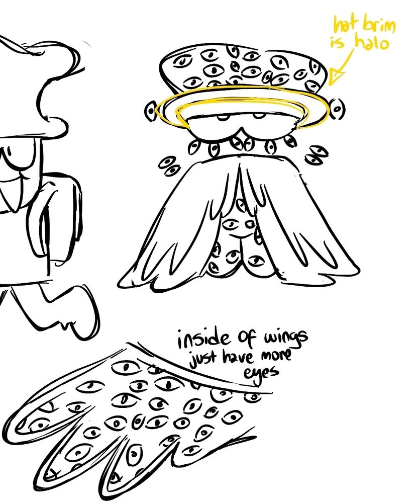 A Lord Bambi design. He has his signature hat except the brim is now a halo. Multiple eyes surround his big, main ones. Two long angelic wings encase his body like a cloak. Every part of his body that isn't obscured is covered in eyes.

Theres a doodle of the inside of his wings, showing that the interior is also covered in eyes.