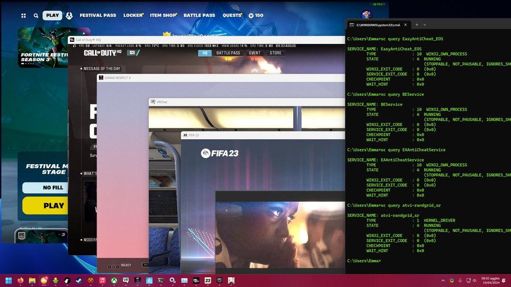 screenshot of my windows desktop showing fortnite, call of duty, djmax respect v, vrchat and fifa 23 open. to the side is a command prompt window showing that EasyAntiCheat_EOS, BEService, EAAntiCheatService and atvi-randgrid_sr are all running.
