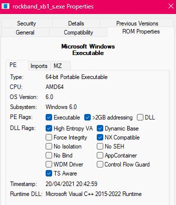screenshot of the rom properties page for an EXE file showing it is a microsoft windows executable, it shows the type, the CPU, the OS version, the flags and the timestamp