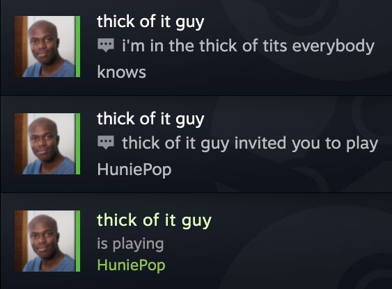 three steam notifications:
- thick of it guy is playing huniepop
- thick of it guy invited you to play huniepop
- thick of it guy says: i'm in the thick of tits everybody knows