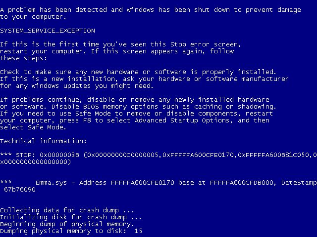 A Windows Blue Screen of Death /  bugcheck saying "SYSTEM_SERVICE_EXCEPTION", with a STOP code of 0x3B and the faulting driver being "Emma.sys"