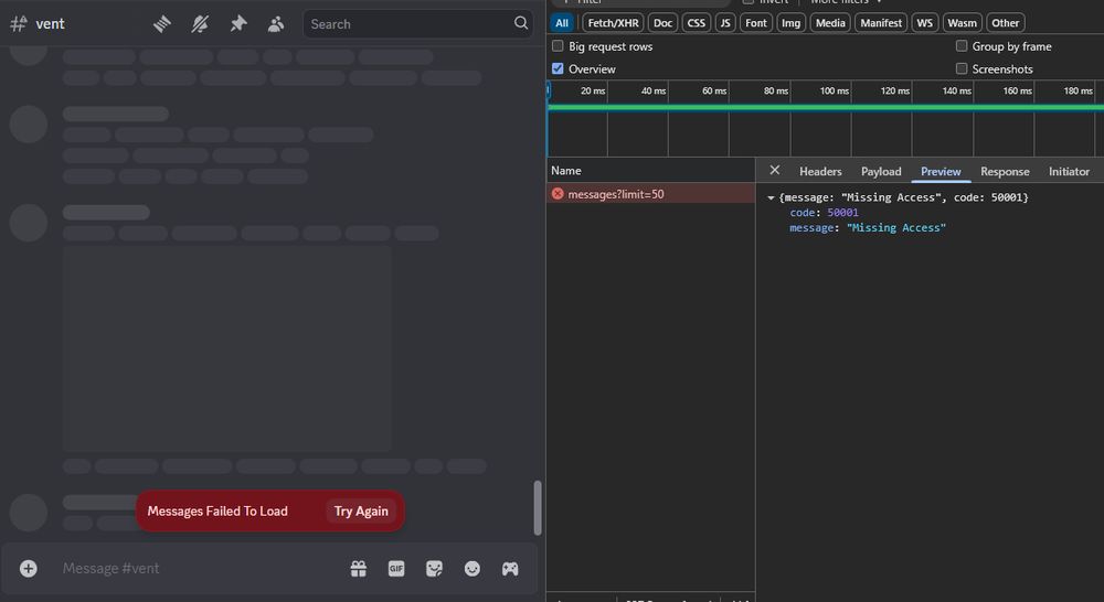 screenshot of Discord next to chrome dev tools. Discord is showing a channel named "vent" with the 18+ marker on the icon, and a "Messages Failed To Load" error message. the dev tools window is showing the messages endpoint returning an error code of "Missing Access"