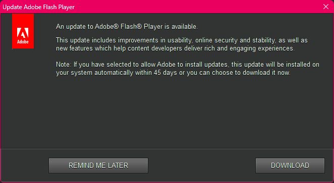 window titled "update adobe flash player" saying "an update to adobe flash player is available"