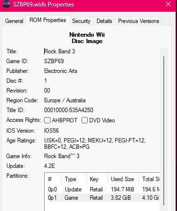 screenshot of the rom properties page for a wii wbfs file showing it is a nitnendo wii disc image with the title rock band 3 and game id szbp69, it also shows the region, title ID, access rights, update version and partition information