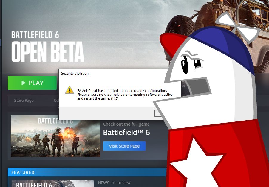 homestar runner in front of ea anticheat saying "EA AntiCheat has detected an unacceptable configuration."