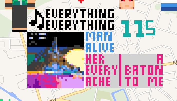 pixel art version of the cover art to everything everything's man alive album, on a map
