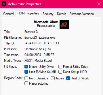 screenshot of the rom properties page for an XBE file showing it is an original xbox executable with the title burnout 3, it also shows the title id, timestamp, media types, region code and init flags