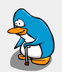 drawing of an old penguin hunched over and holding a walking stick