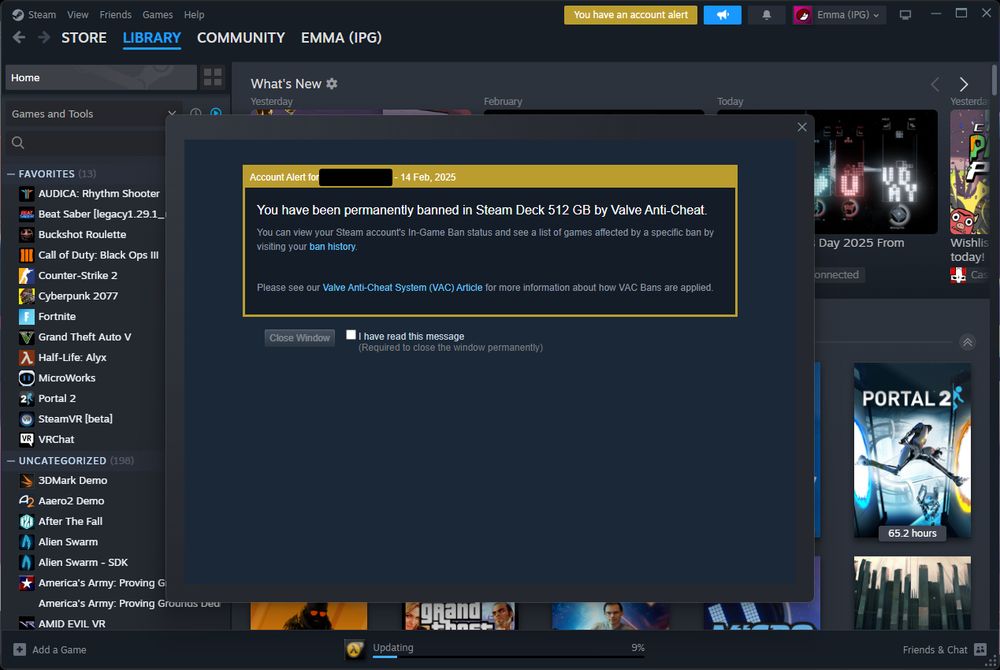 Steam window with an account alert window in front of it, a message in an orange/yellow border says "You have been permanently banned in Steam Deck 512 GB by Valve Anti-Cheat."