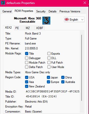 screenshot of the rom properties page for an XEX file showing it is an xbox 360 executable with the title rock band 3 for a full game, it also shows the PE file name, minimum kernel version, module flags, media types, region code, title id and publisher