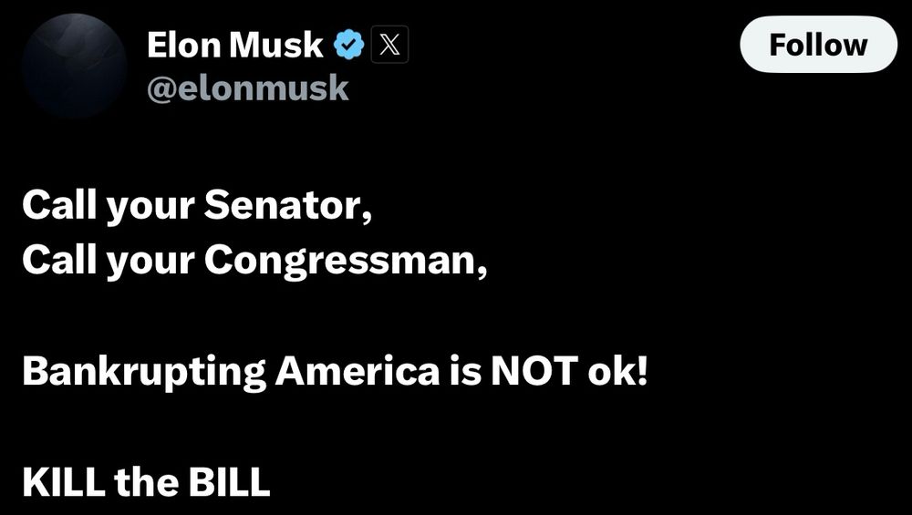 Tweet from Elon Musk: 

Call your Senator, call your Congressman, Bankrupting America is NOT ok!

KILL the BILL