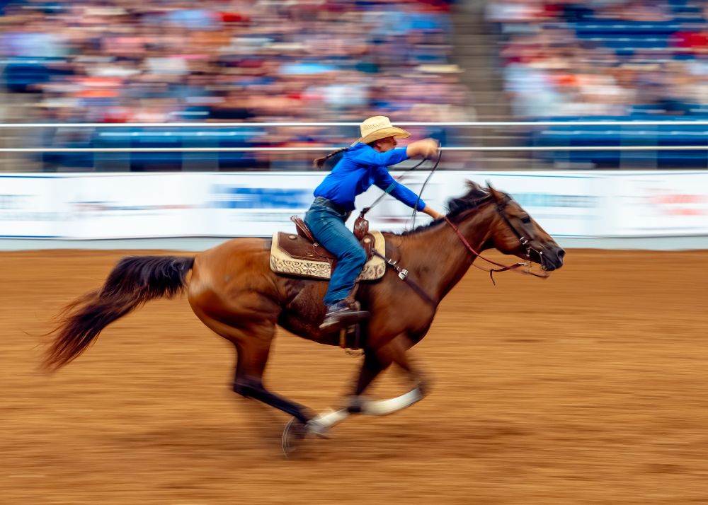 A cowgirl competing in the barrel racing at the rodeo. A slightly slow shutter speed creates a blurred effect. 