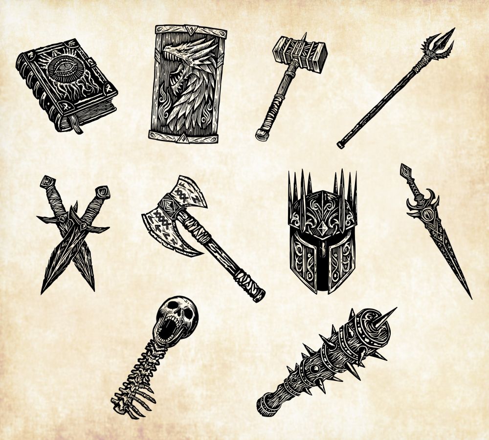 Ten magical items. A cursed tome, a dragon shield, a hammer, a three pronged spear, two daggers, a dwarven axe, a spiked helmet, a vampiric dagger, a skeleton key, and a spiked war club.