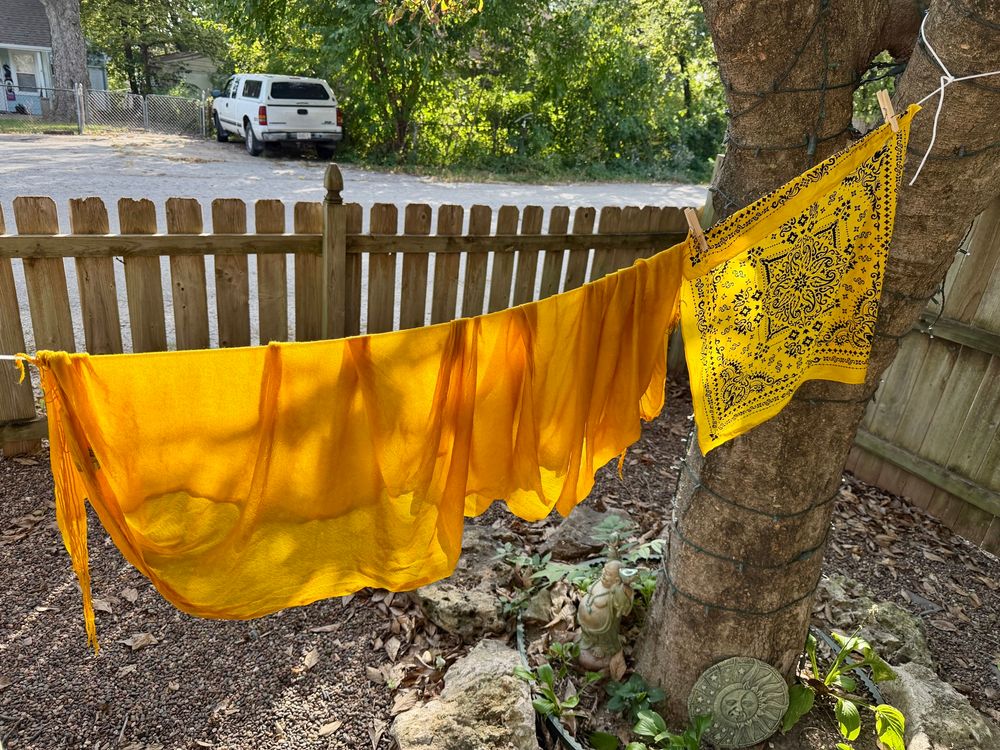 A scarf and a bandana hanging on a clothesline to dry