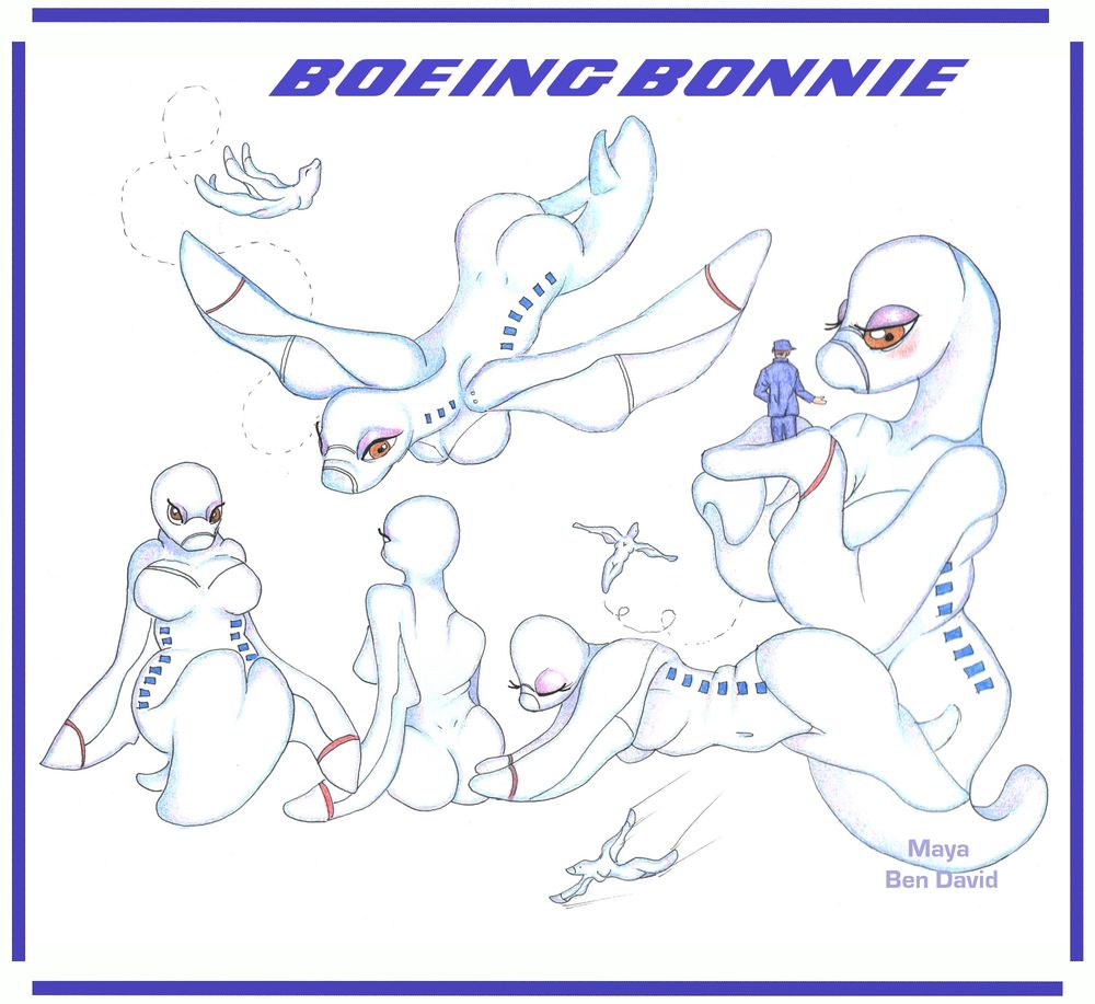 A collection of pencil crayon drawings of anthropomorphic airplanes that have a womanly shape. The text says "Boeing Bonnie"