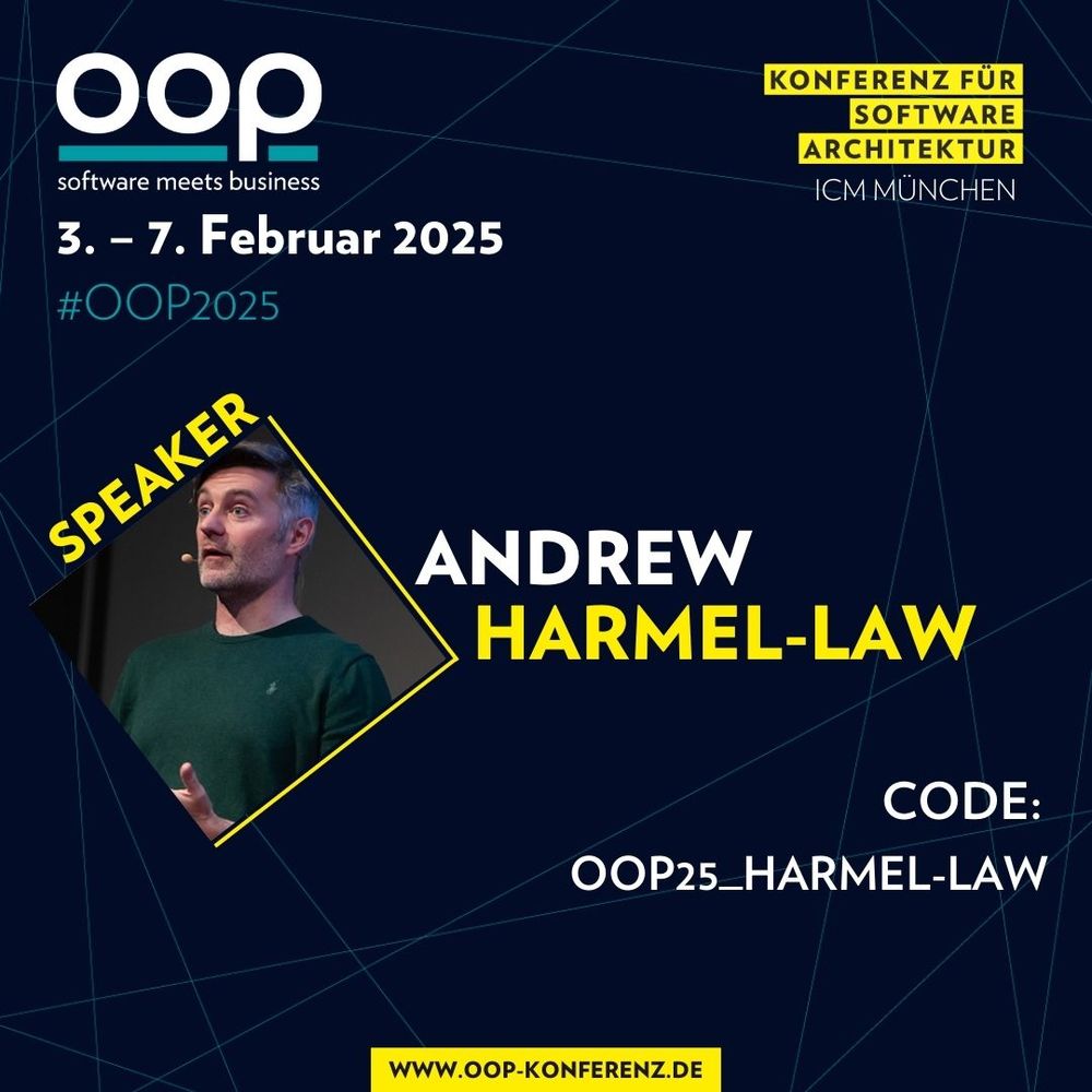 Social media card for OOP Munich 3-7 February, 2025. It has a discount code: OOP25_HARMEL-LAW.