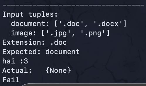 Input tuples: document: '. doc', '.docx']
image: ['.jpg', '.png']
Extension: .doc
Expected: document
hai :3
Actual: {None}
Fail