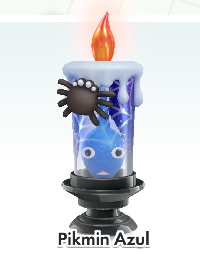screenshot do jogo Pikmin Bloom mostrando um Pikmin azul fantasiado de vela
a vela é transparente e tem uma pequena aranha falsa no topo da fantasia