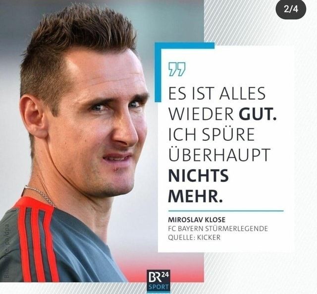 Ein von innen toter Miro Klose schaut in Richtung Kamera, dazu Text "es ist alles wieder gut. Ich spüre überhaupt nichts mehr."