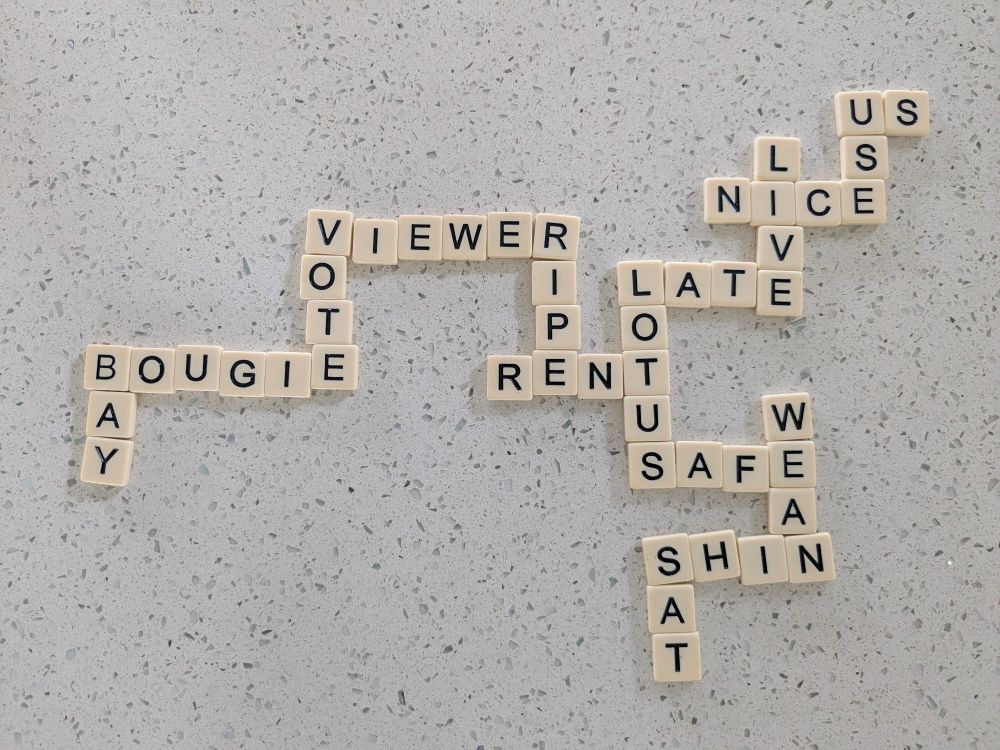Bananagrams:
Bay, bougie, vote, viewer, ripe, rent, lotus, safe, wean, shin, sat, late, live, nice, use, us