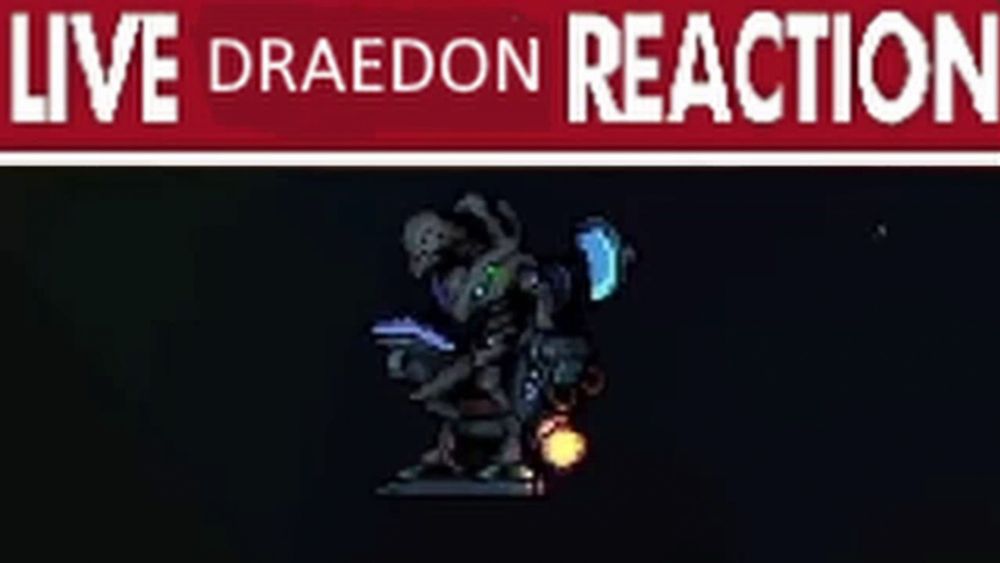 a statue of a skeleton is glowing in the dark under a live draedon reaction sign