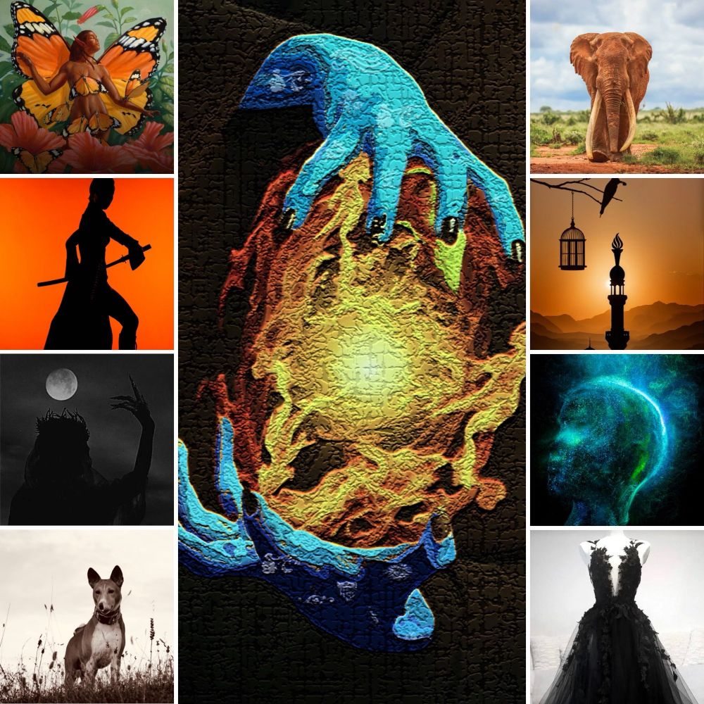 A collage of nine images: 
1. Aziza - benevolent african fairies with butterfly wings
2. Silhouette of a female warrior with a sword
3. Silhouette of a witchy woman wearing a crown under a full moon
4. A basenji (african breed of hunting hound)
5. Blue human-like hands holding a ball of fire
6. An African bull elephant with long mature tusks 
7. A silhouette of a minaret-like tower with mountains behind it and the sun low in the horizon   A bird cage with a bird next to it hang from a tree in the foreground.
8. A cosmic human head in the expanse of space
9. A fancy black gown on a white dress form