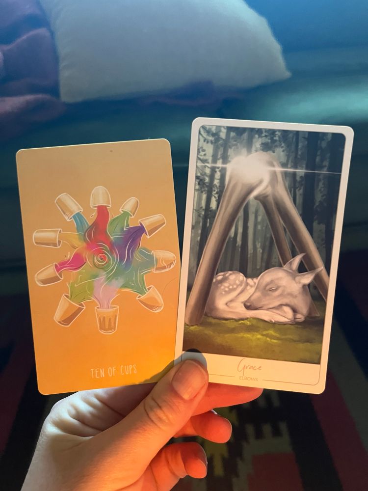 A white hand, illuminated by candle in the early morning light, holding two cards. The one on the left the Tarot card 10 of Cups the one on the right an oracle card: Grace (elbows).