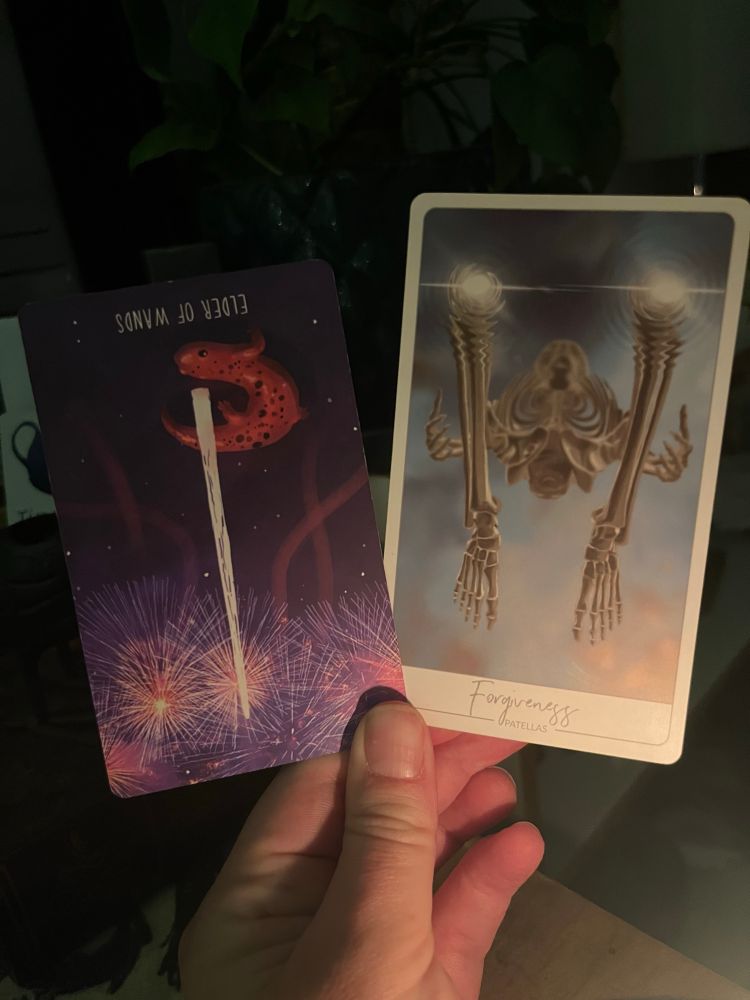 A white hand, illuminated by candle in the early morning light, holding two cards. The one on the left the Tarot card King of Wands reversed, the one on the right an oracle card: Forgiveness (Patellas).