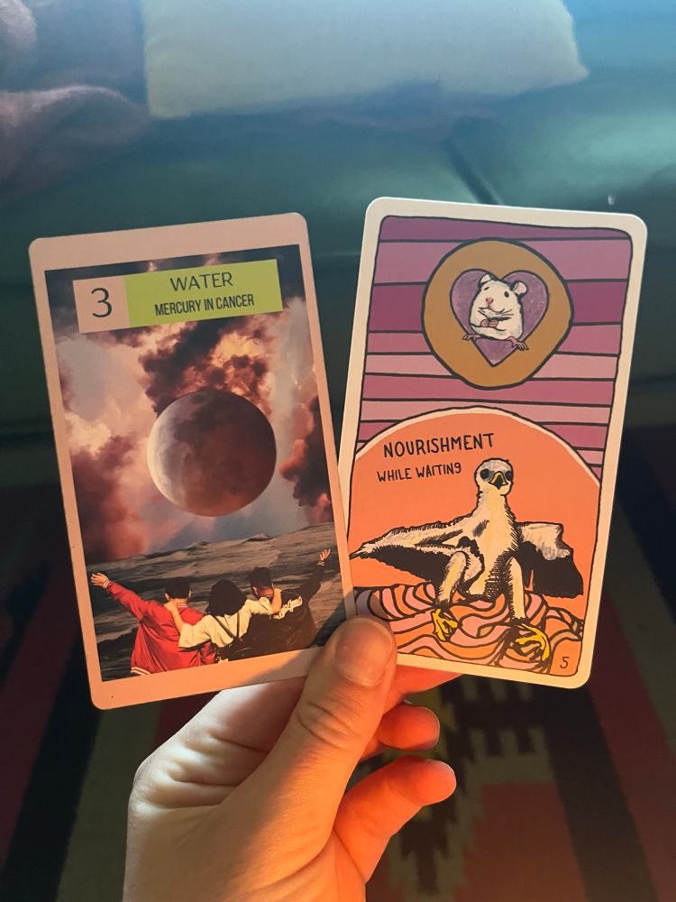 A white hand, illuminated by candle in the early morning light, holding two cards. The one on the left the Tarot card 3 of Cups, the one on the right an oracle card: Nourishment while waiting.