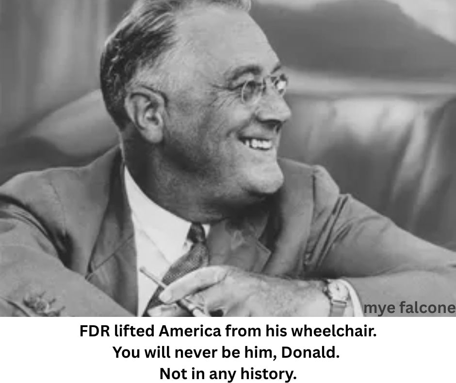Black-and-white photo of FDR in a suit, seated and turned slightly to the side. He holds a cigarette holder in one hand and appears to be in conversation. The setting looks formal and dignified.