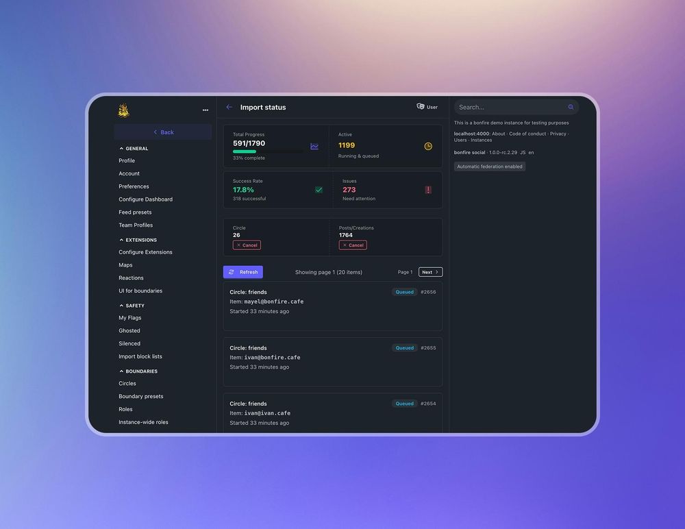 import status dashboard in bonfire, showing details of a migration from another instance