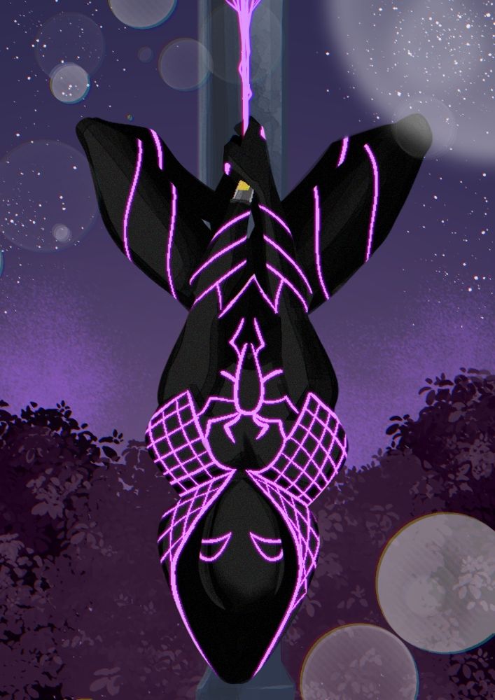 Cosmic Spider Woman hanging upside down from a lamp post with a cheerful expression.