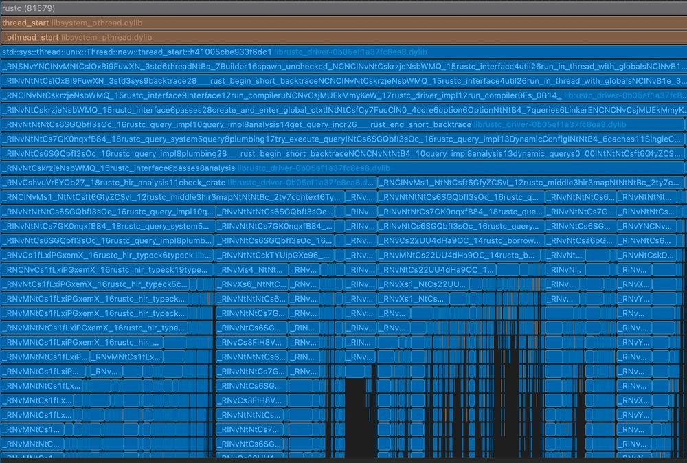 A screenshot of instruments.app showing that it's spending time in the type checker, the borrow checker, etc. 