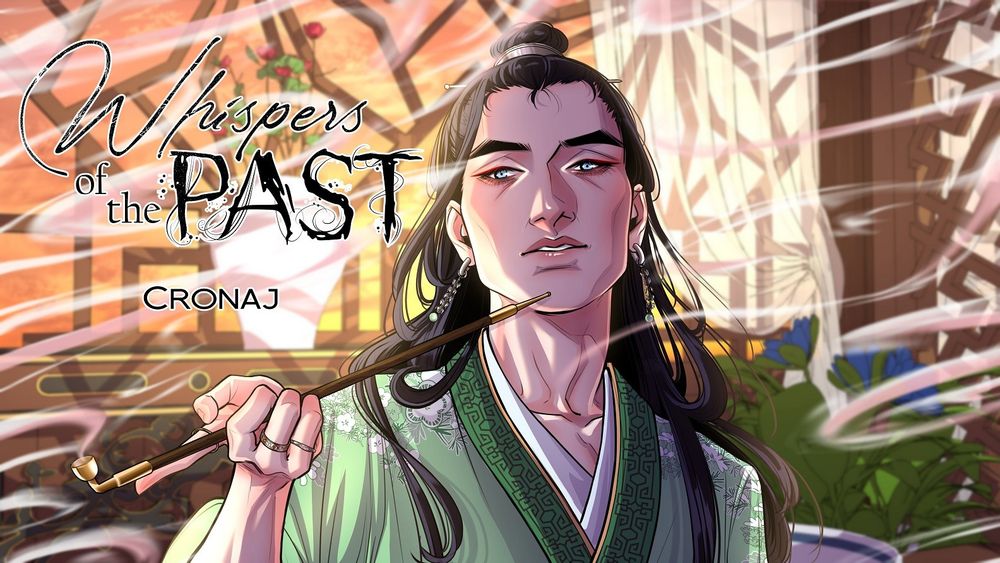 A close-up drawing of Ryukou from Whispers of the Past, smoking a pipe. Smoke swirls about the composition.