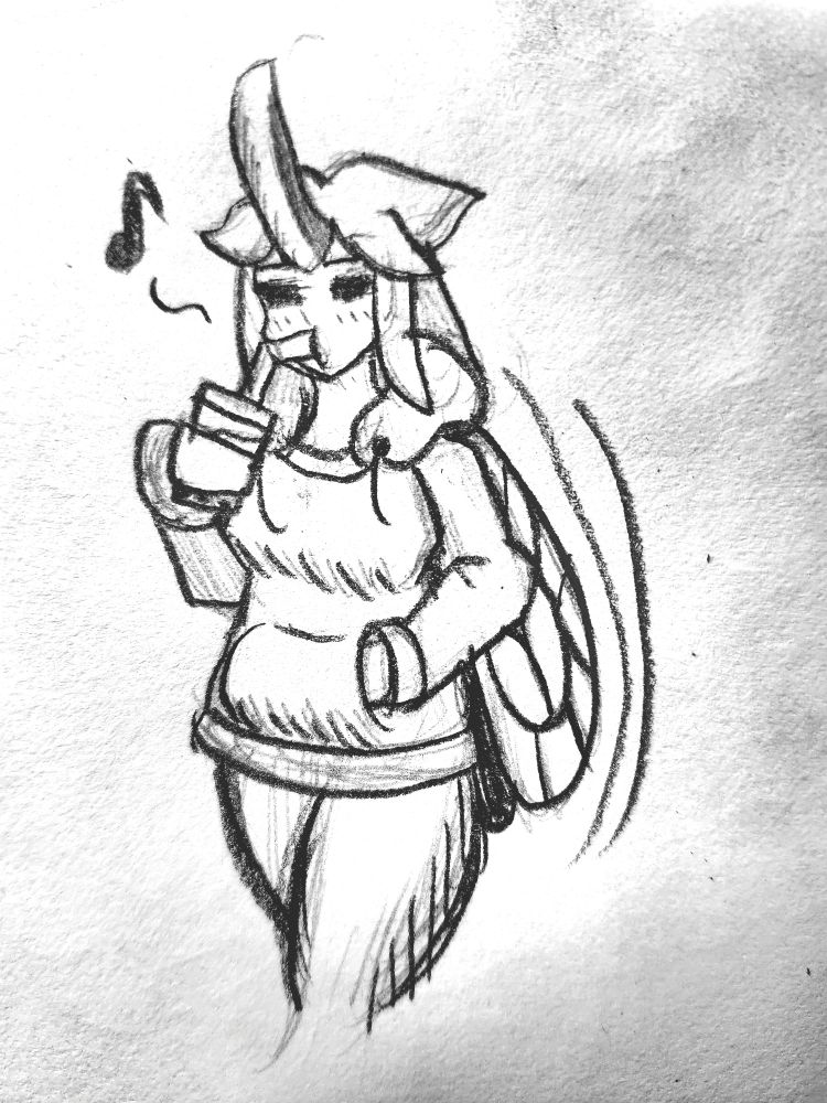 Just a little doodle of a treehopper girl with a big crest/horn protruding from her forehead, wearing a hoodie, casually walking along, sipping from a boba tea.