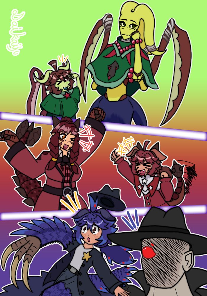 A 3 piece artwork starring José acquiring a set of new forms and matching outfits! At the top, would be them acquiring the ghost-mantis esk form of Shaura, complete with some extra arms with scizzor-shear like blades instead of Shaura's scythe-like ones. José has also gotten light green, exoskeleton skin, and black schlera.

In the middle, José would be wearing an outfit reminiscent of Joshua Rosfield, but with extra star pins on it. José's form would be acquiring the horns, scales, and club-like tail of the ankylosaur woman, Gloria Berglind.

And lastly, would be José being carried on the shoulder of Project: 495, aka Mr. Hat, acquiring his therizinosaurus arm and leg (yes, asymmetrical and singular), plus a bonus bushy tail of a Morvolos.