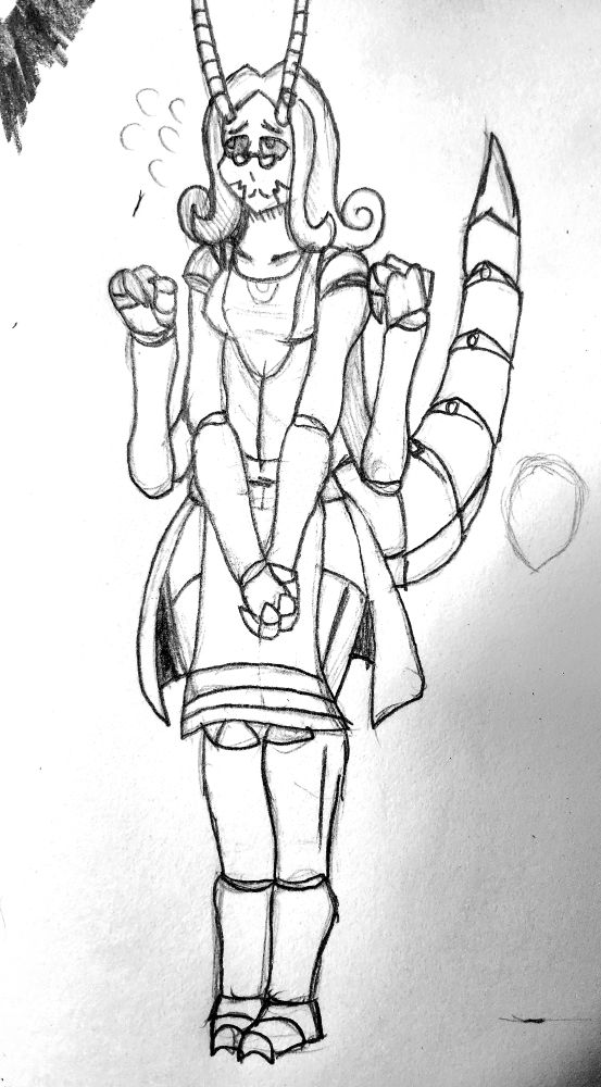 A sketch of a very tall, almost elf ish insect lady with features of a stick insect. She is looking very very polite.