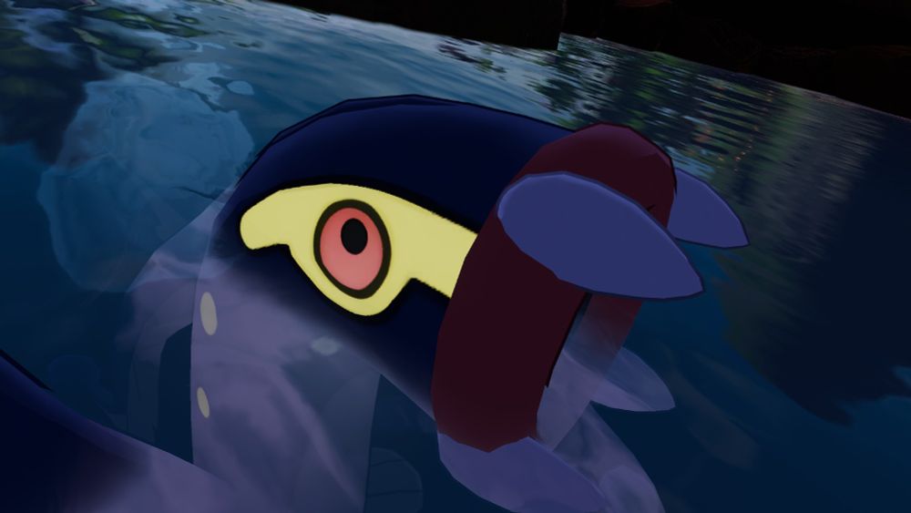 2024, Jun 9th. A VRChat photo of Dai (me, in an Eelektross avatar), lurking in some water like a gremlin fish just cause.